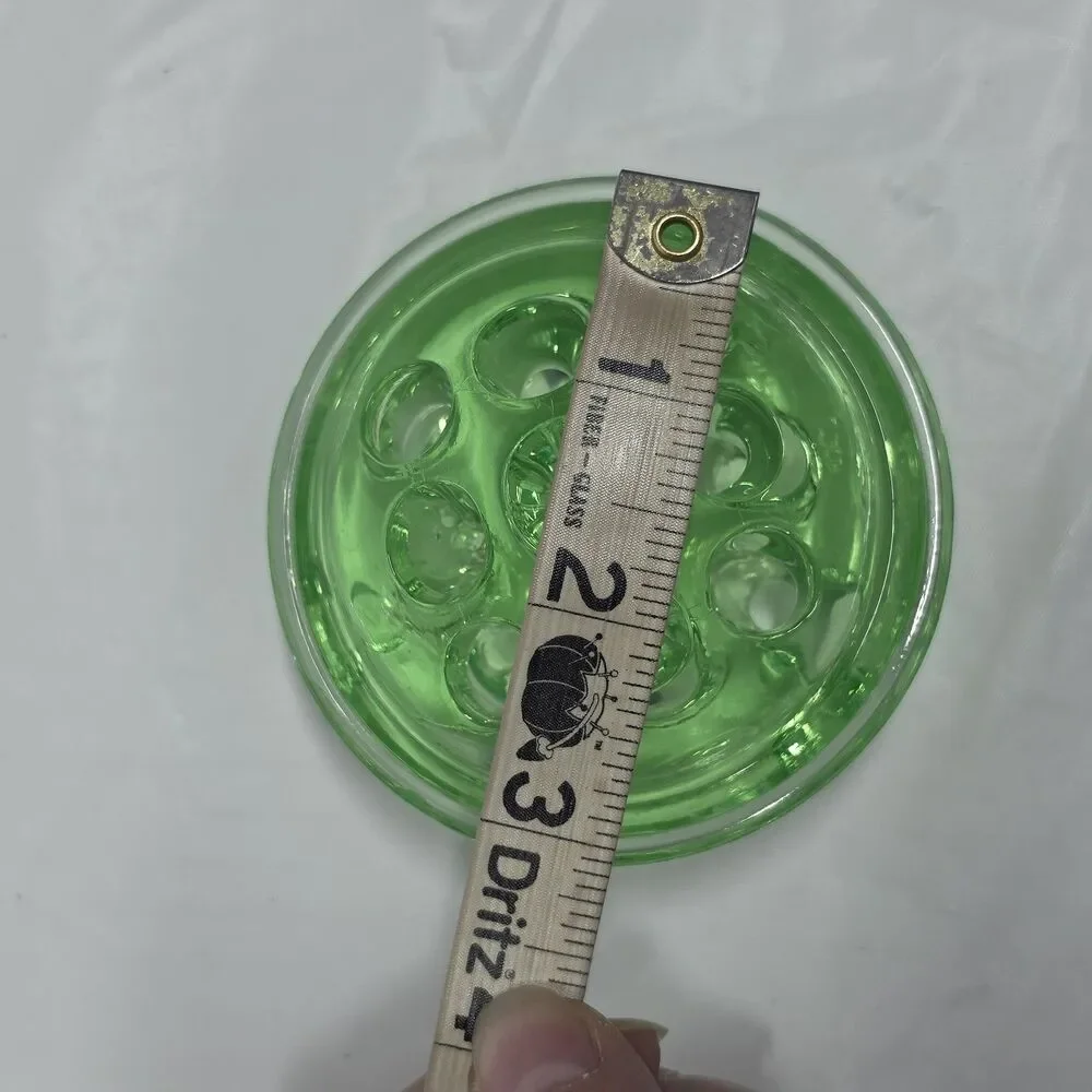 Vaseline Uranium Glass Flower Frog 9 Holes Glows UV Green Vintage 3" Diameter - Picture 8 of 10